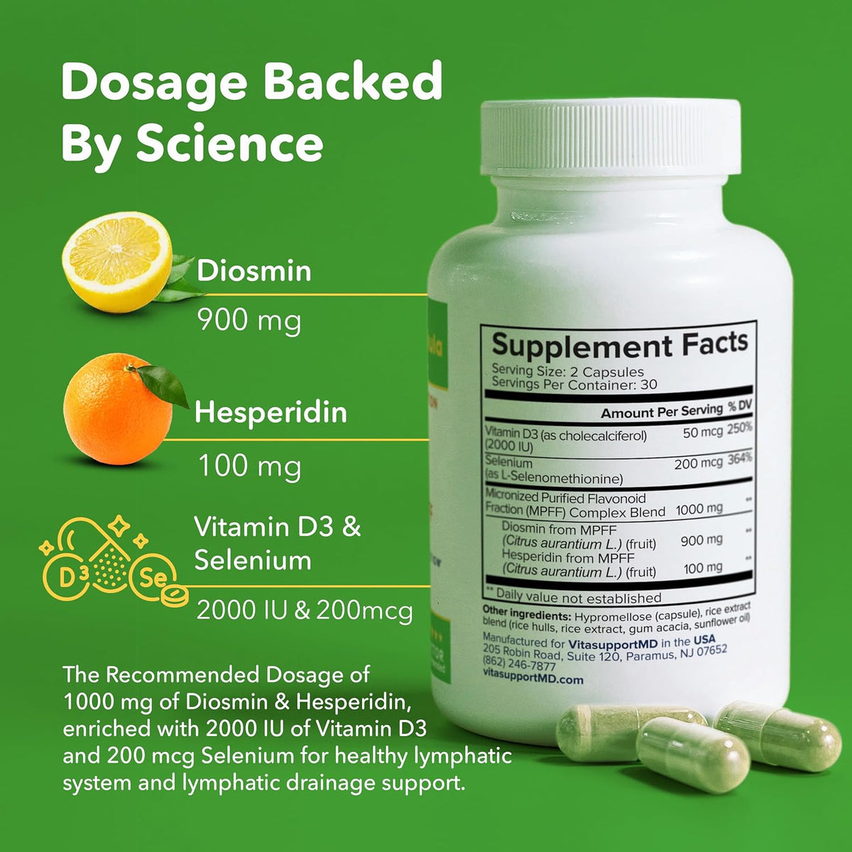VITASUPPORTMD Lymphatic Formula – Diosmin & Hesperidin 1000mg with Selenium and Vitamin D3, 60 Capsules - görsel 3