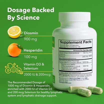 VITASUPPORTMD Lymphatic Formula – Diosmin & Hesperidin 1000mg with Selenium and Vitamin D3, 60 Capsules