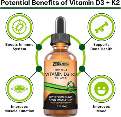 SBR Nutrition Vegan Vitamin D3 + K2 (MK-7) Liquid Drops with MCT Oil, Peppermint Flavour