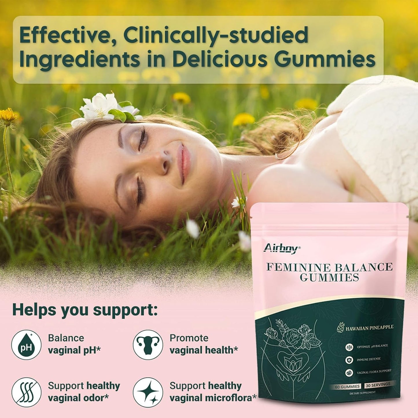 Airboy Vaginal Probiotic Gummies for Women – Pineapple Gummies for Balanced pH & Flora Support (60 Gummies) - görsel 2