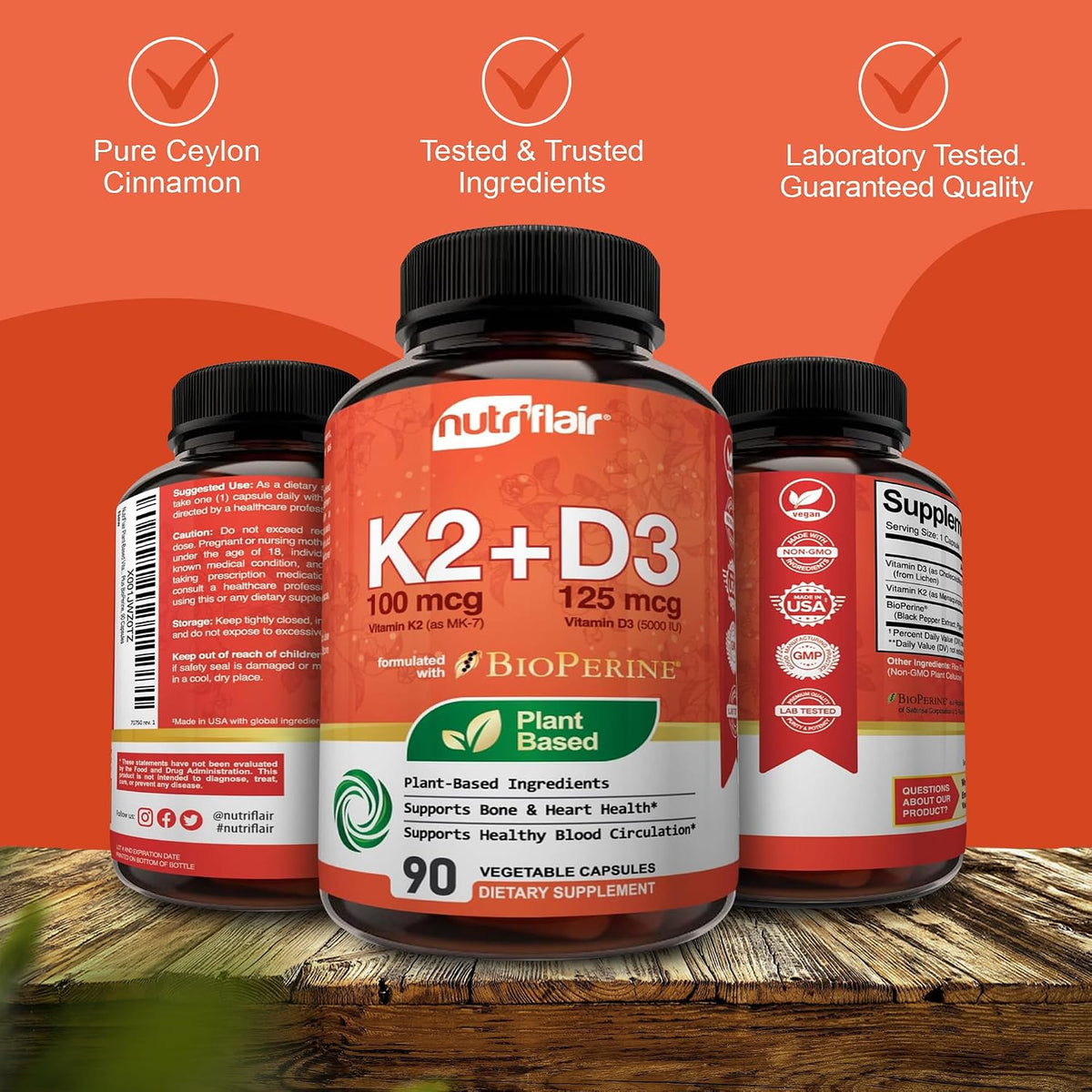 NutriFlair Vitamins D3 (5000 IU) + K2 (as MK-7) - Plant-Based with BioPerine, 90 Capsules - görsel 5