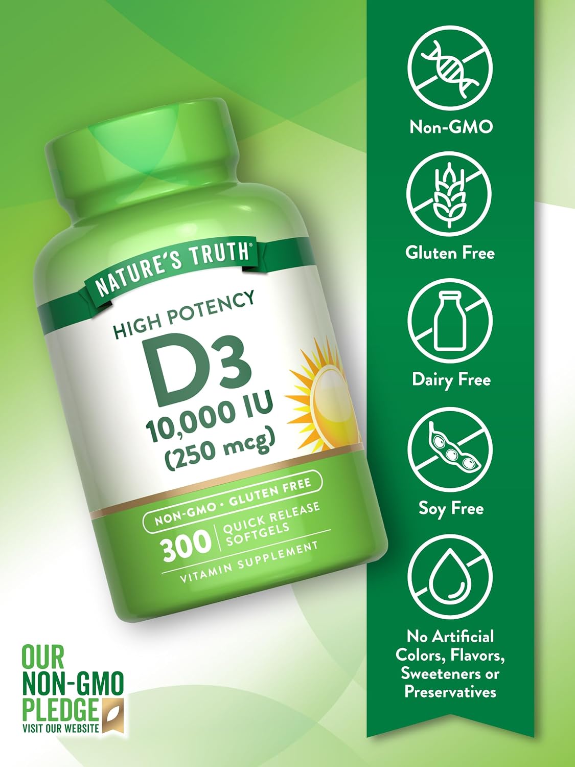 Nature's Truth Vitamin D3 10000 IU Softgels, 300 Count - Extra Strength, Non-GMO & Gluten-free - görsel 3