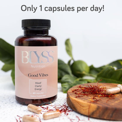 BLYSS Nutrition Saffron Extract Capsules – GOOD VIBES for Women – Mood, Energy & PMS Support