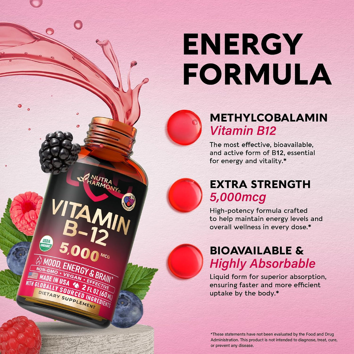 NUTRAHARMONY Organic Vitamin B12 Sublingual Drops - 5000 mcg Methylcobalamin, Natural Berry Flavour, 60 ml (2-Month Supply) - görsel 6