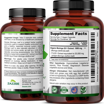 Zazzee Certified Organic Moringa Leaf 20:1 Extract - 180 Vegan Capsules