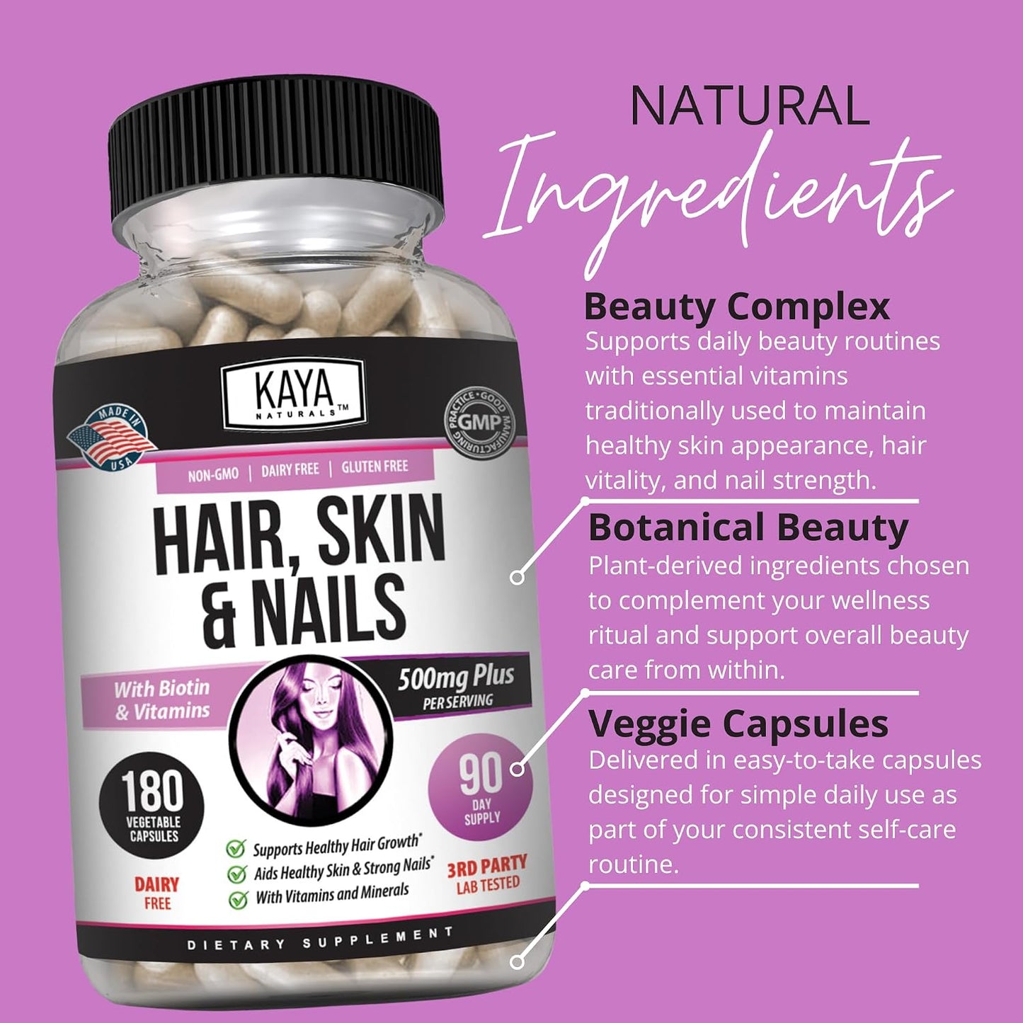 Kaya Naturals Hair, Skin & Nail Capsules with Biotin, Vitamin D, B-12, A, Folic Acid - 180 Capsules - görsel 5
