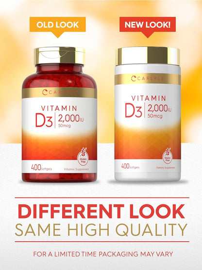 Carlyle Vitamin D3 2000IU Softgels - 400 Capsules, Non-GM, Gluten-free