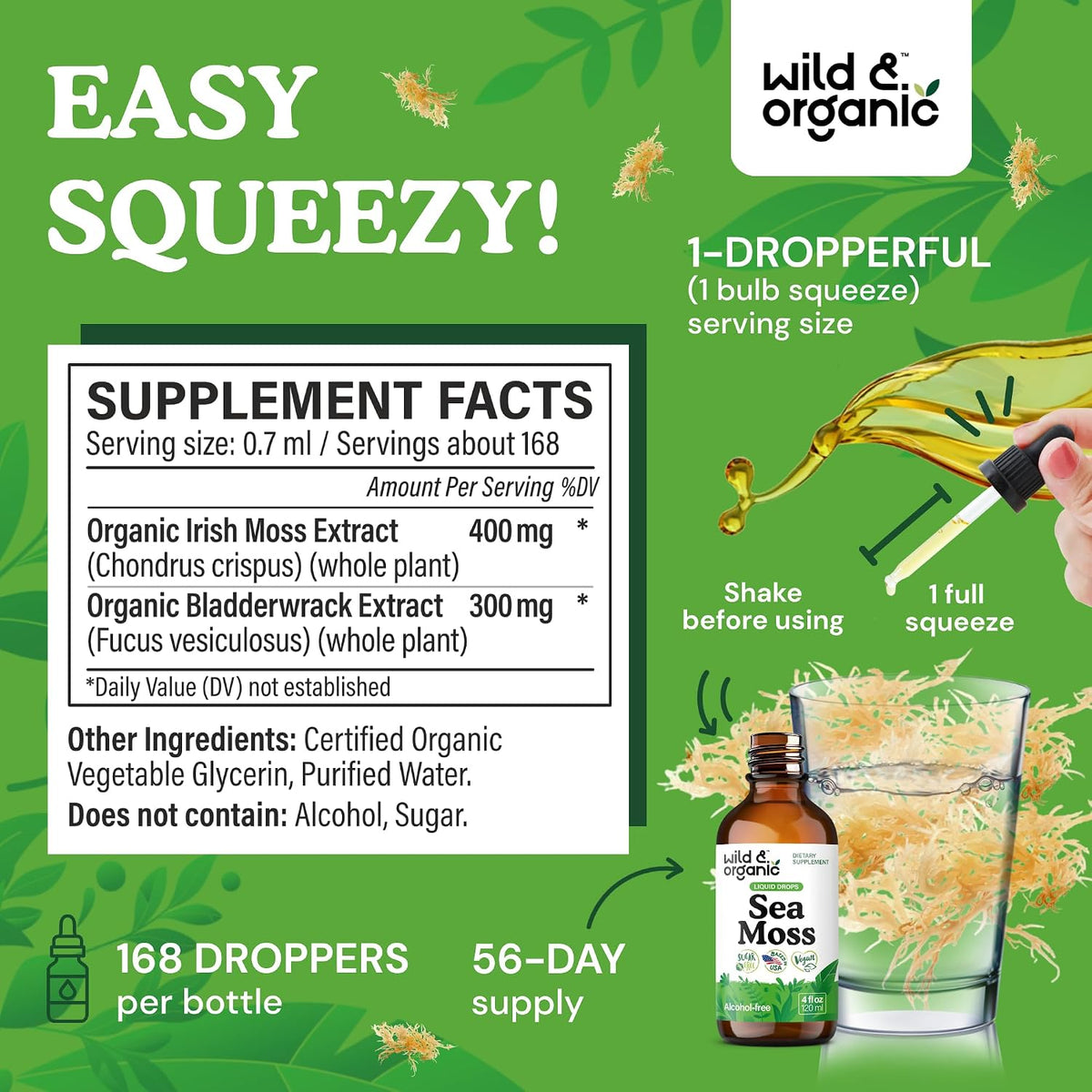 Wild & Organic Sea Moss Drops - Irish Sea Moss & Bladderwrack Liquid Tincture - Vegan, Alcohol-Free - 118 ml - görsel 3