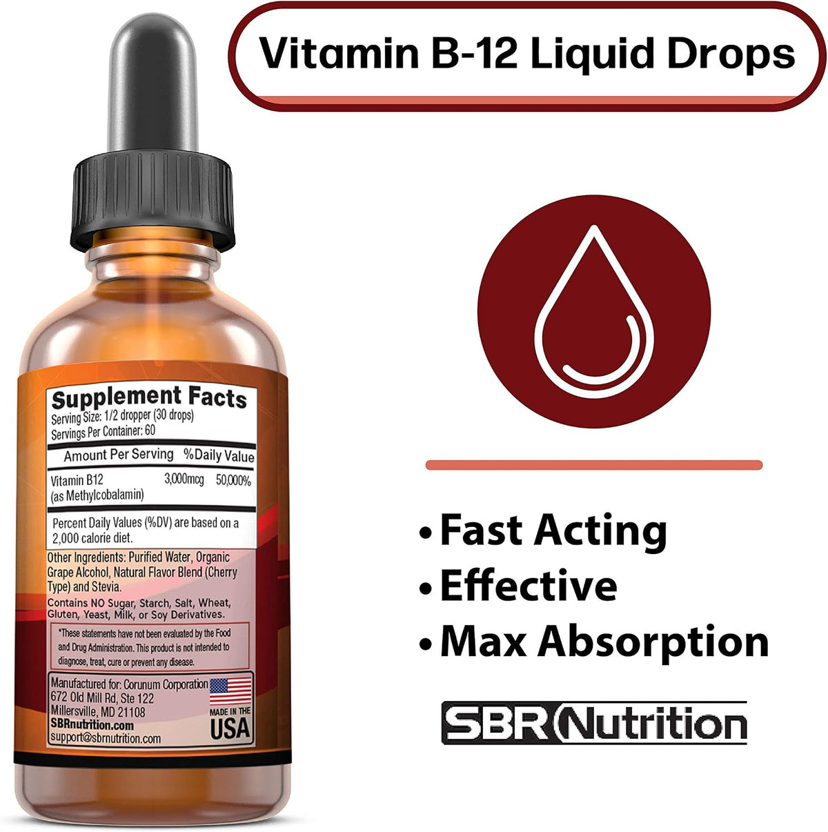SBR Nutrition Vitamin B12 Sublingual Liquid Drops - Methylcobalamin, 3000mcg, Vegan, Non-GMO - görsel 2