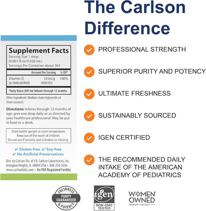 Carlson Baby's Super Daily D3 - Baby Vitamin D Drops, 400 IU per Drop, 1-Year Supply, Unflavoured, 365 Drops