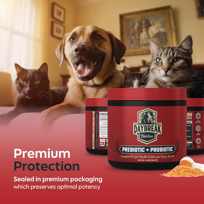 Daybreak Nutrition Probiotics for Cats & Dogs - 6 Billion CFU Prebiotic & Probiotic Powder - 8 Strains - Gut Health Supplement