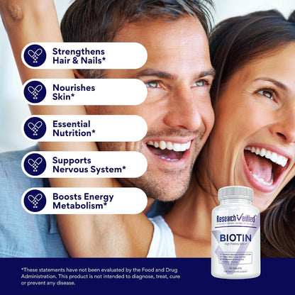 Research Verified Biotin – Pure Extra Strength Biotin 10,000mcg – Hair, Skin and Nails Vitamin – Third-Party Tested, Made in USA – 360 Vegan Tablets