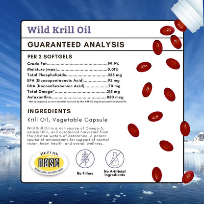 Krill Oil for Dogs and Cats - Premium Antioxidant Support for Pets - Cat and Dog Skin and Coat Supplement with EPA, DHA, Astaxanthin - Omega-3 for Dogs and Cats - 200 Softgels