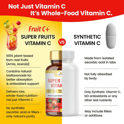Organic Veda Super Fruits Vitamin C Food Supplement - Amla Fruit & Acerola Vitamin C Capsules with Bioflavonoids for Daily Immune System Support - Organic Whole Food Fruit C+ Antioxidant Complex, 120 Vegan Capsules