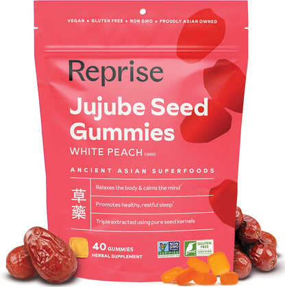 Reprise Jujube Seeds Daily Gummies - 300 mg Full-Spectrum Jujube for Relaxation & Restful Sleep, Vegan & Gelatin Free, Peach Flavoured, 40 Gummies