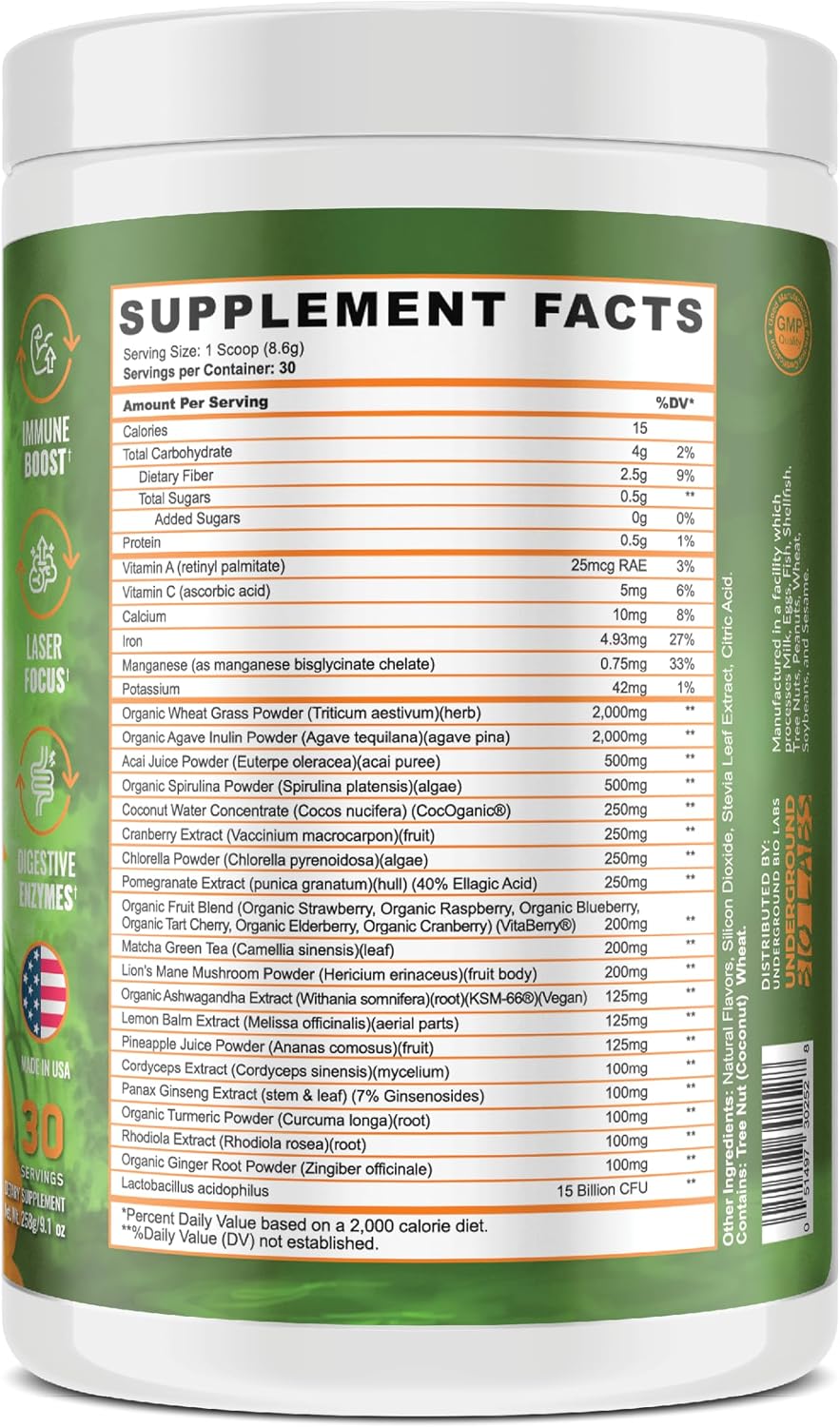 Panda All Natural Superfood Powder - Greens, Reds, Probiotics, Ashwagandha & Lion's Mane - Orange (390 g) - görsel 4