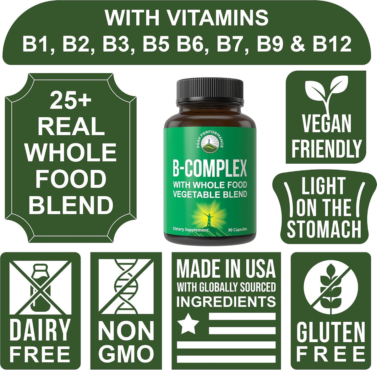 Peak Performance Vitamin B Complex – Whole Food Blend with 25 Fruits and Vegetables, 90 Capsules - görsel 3