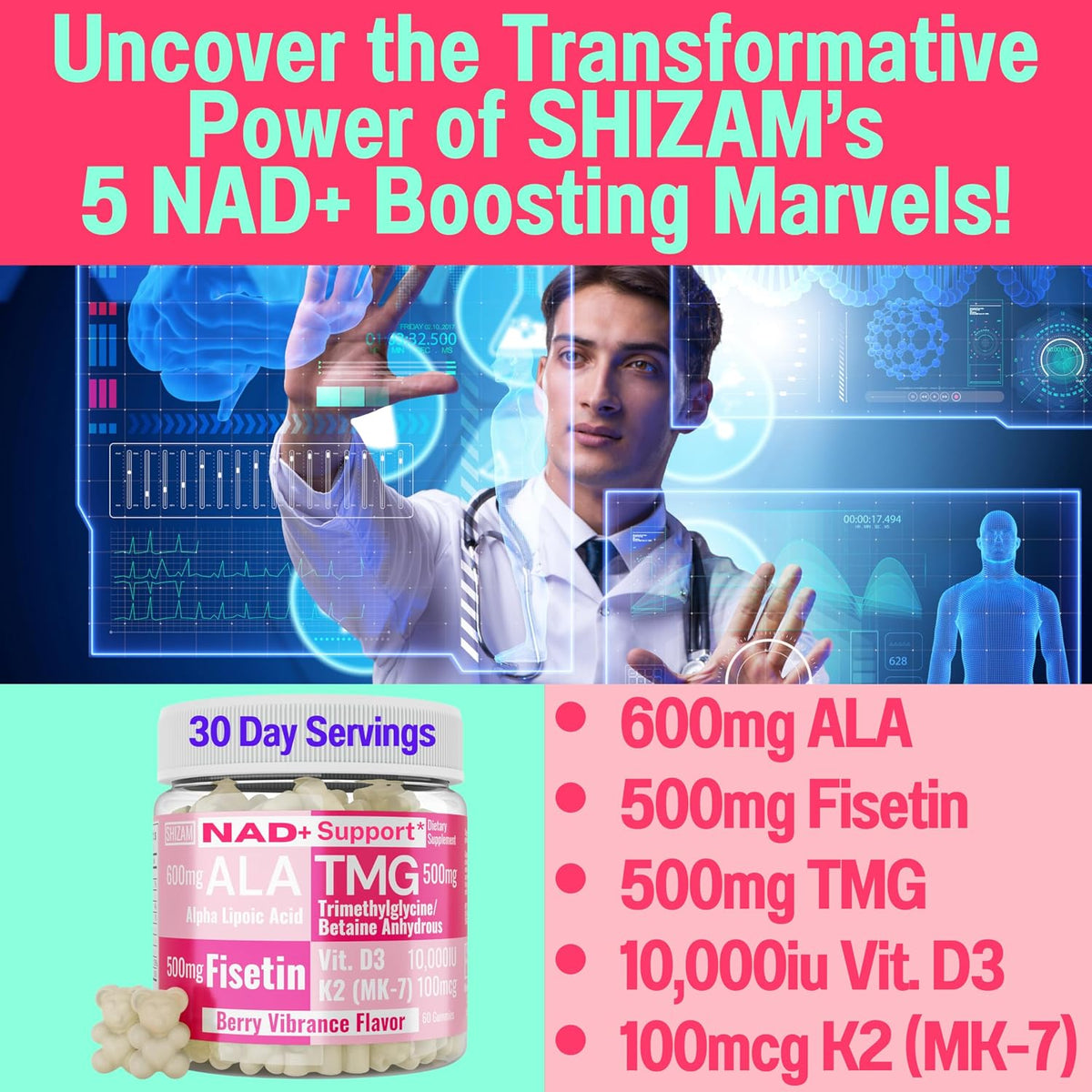 SHIZAM TMG Betaine Alpha Lipoic Acid ALA D3 Fisetin Gummies - görsel 4