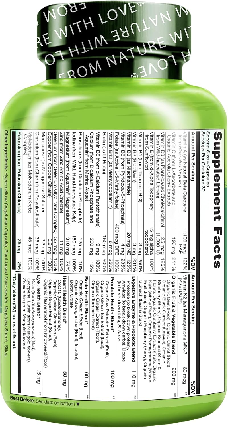 NATURELO Whole Food Multivitamin for Men 50+ - with Vitamins, Minerals, Organic Herbal Extracts - Vegan Vegetarian - for Energy, Brain, Heart and Eye Health - 120 Capsules - görsel 7