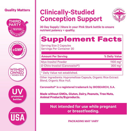 Pink Stork Myo-Inositol & D-Chiro Inositol Supplement – 3.6:1 Blend for Hormone Balance and Fertility Support – 60 Capsules