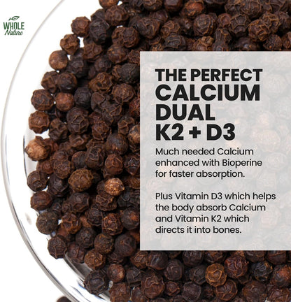 Whole Nature Vitamin D3 K2 Supplement with BioPerine - 5000 IU D3 + K2 MK-7 for Bone and Heart Support - 60 Vegan Capsules