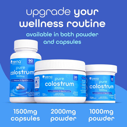 Zena Nutrition Pure Colostrum Capsules, 1500mg Supplement, Grass-Fed Bovine Colostrum, Supports Immune and Digestive Health, Promotes Gut Health, Gluten-free, Fat-Free, 1 Month Supply, 90 Capsules