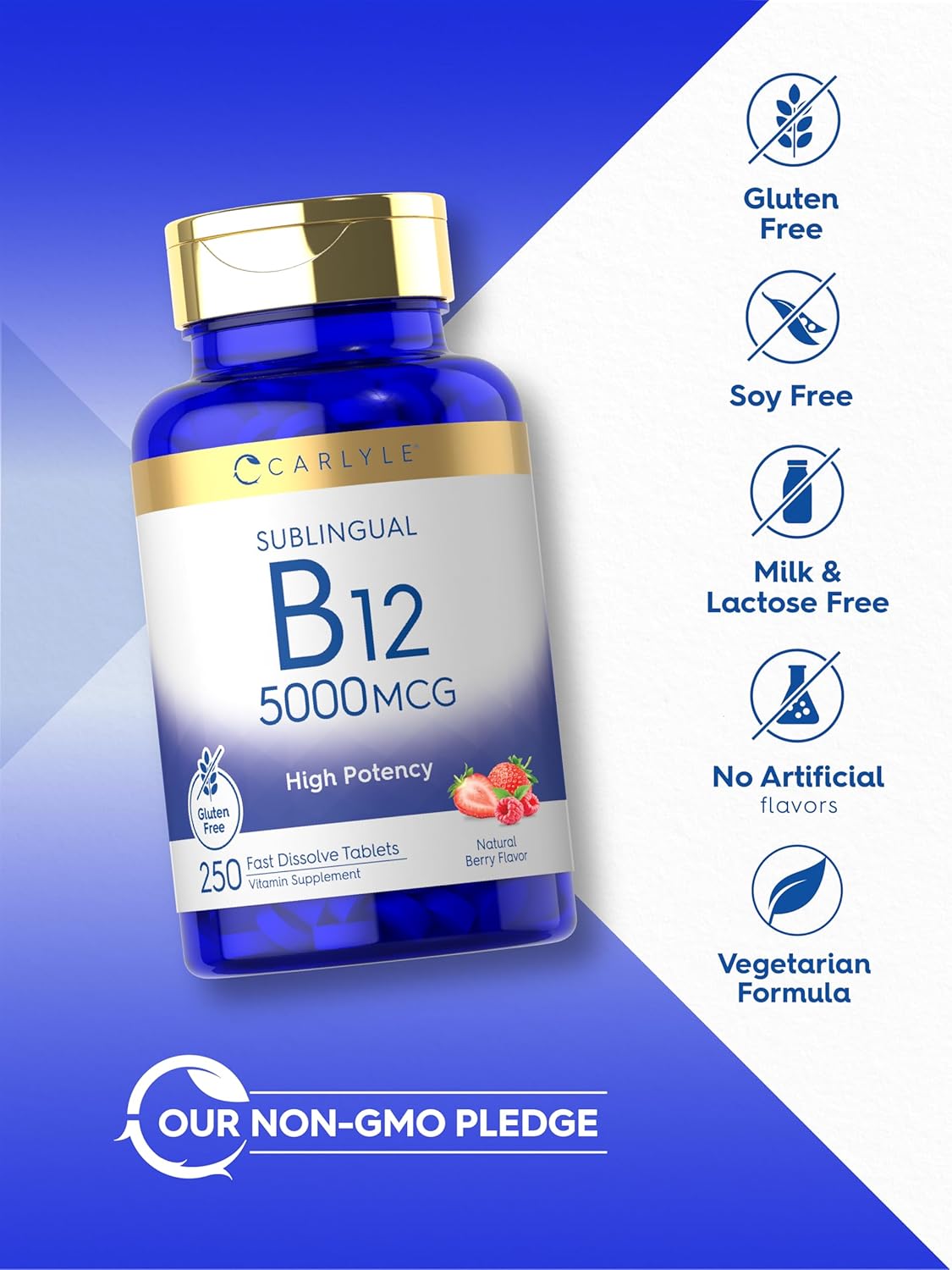 Carlyle Vitamin B12 5000 mcg Sublingual Tablets, 250 Count - High Potency, Natural Berry Flavour, Vegetarian, Non-GM & Gluten-free - görsel 5