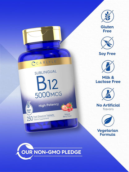 Carlyle Vitamin B12 5000 mcg Sublingual Tablets, 250 Count - High Potency, Natural Berry Flavour, Vegetarian, Non-GM & Gluten-free