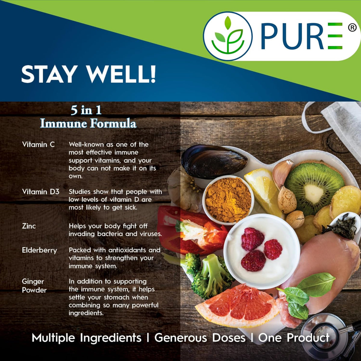 PURE® 5 in 1 Immune Formula - 120 Capsules - Black Elderberry, Vitamin C, D3, Zinc & Ginger Root - görsel 5