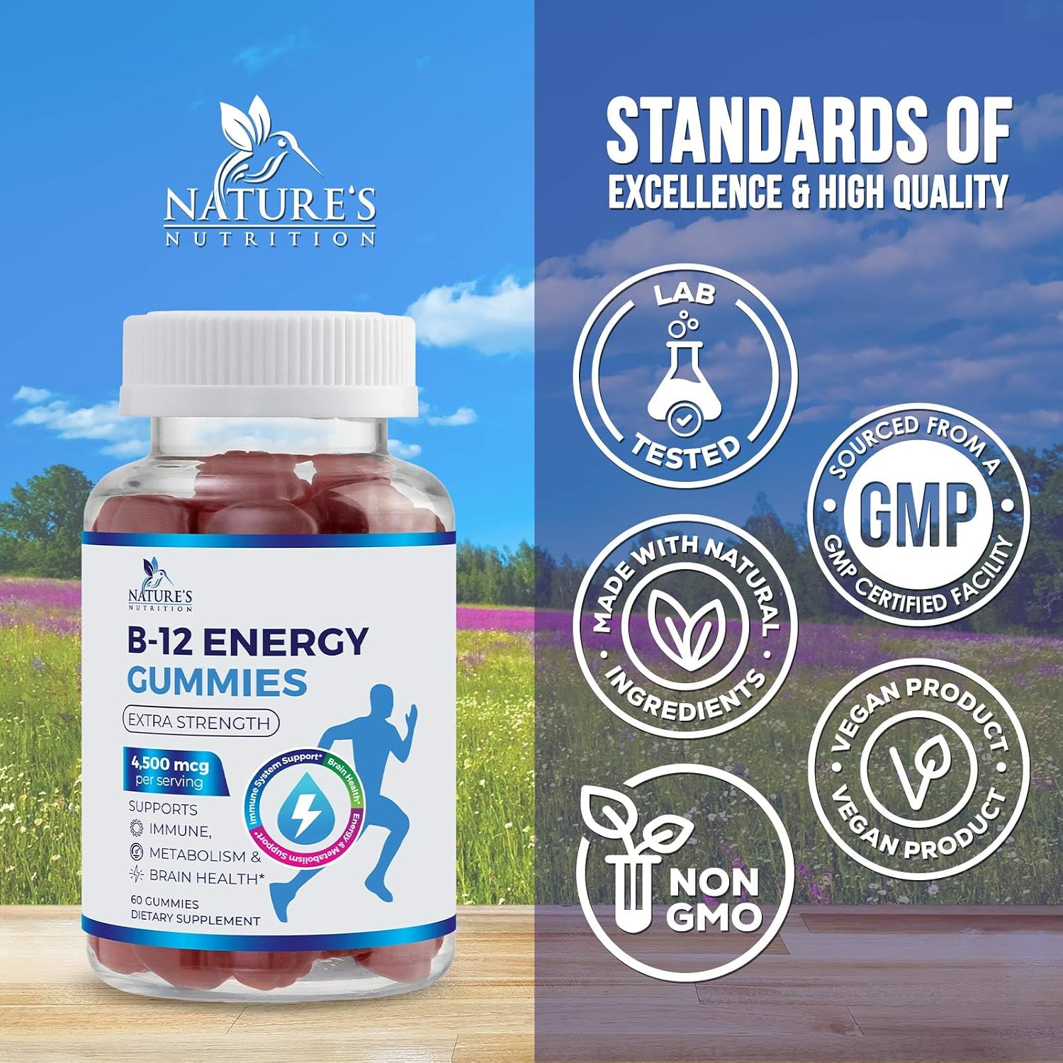 B12 Energy Gummies - 4500 mcg Vitamin B12 Per Serving - Extra Strength Chewable B12 Supplement - Natural Berry Flavoured - 60 Gummies - görsel 4