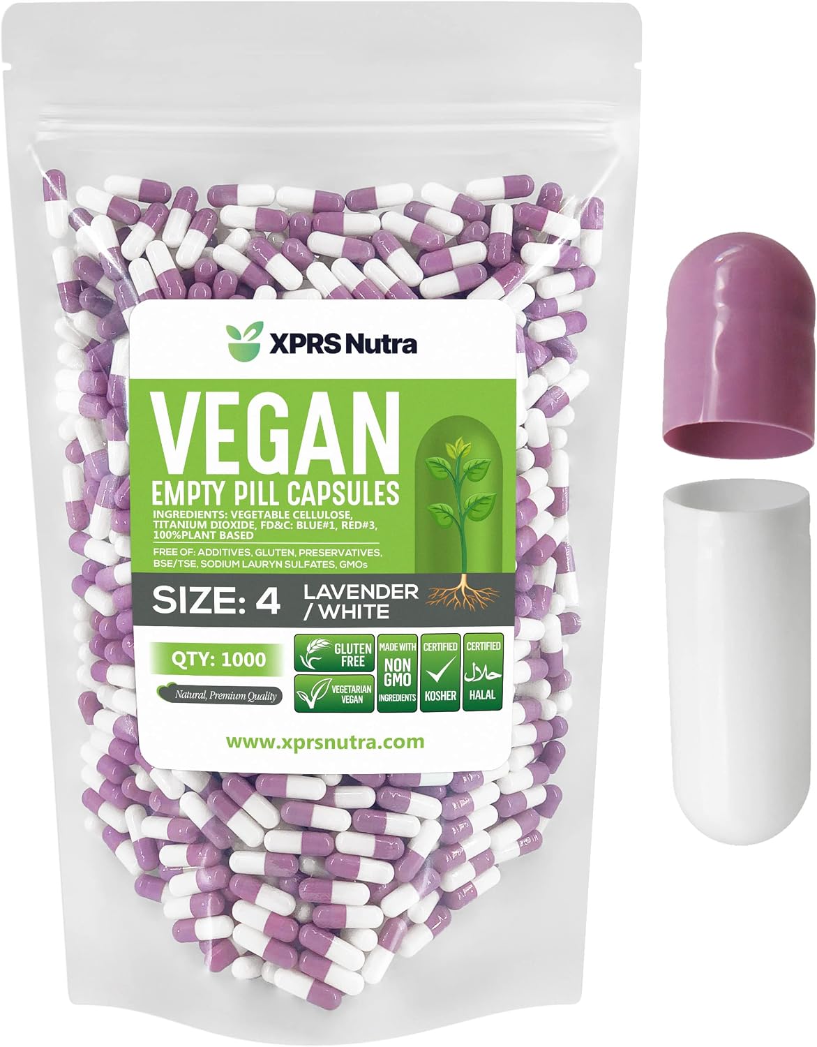 XPRS Nutra Size 4 Empty Capsules - 1000 Count Small Empty Vegan Capsules- Vegetarian Pills - DIY Vegetable Capsule Filling - Fillable Do-It-Yourself Caps for Supplements (Lavender/White) - görsel 1