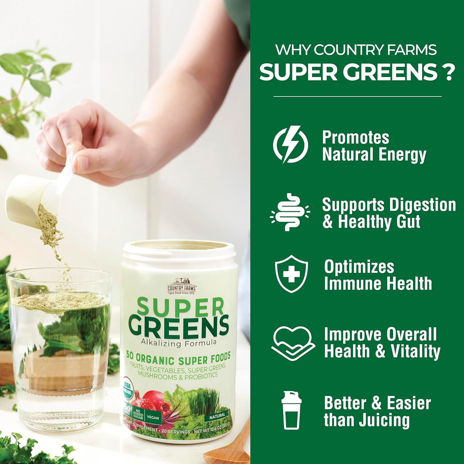 Country Farms Super Greens Power Pack - 50 Organic Superfoods with Probiotics, Unflavoured & Berry, 40 Servings - görsel 5