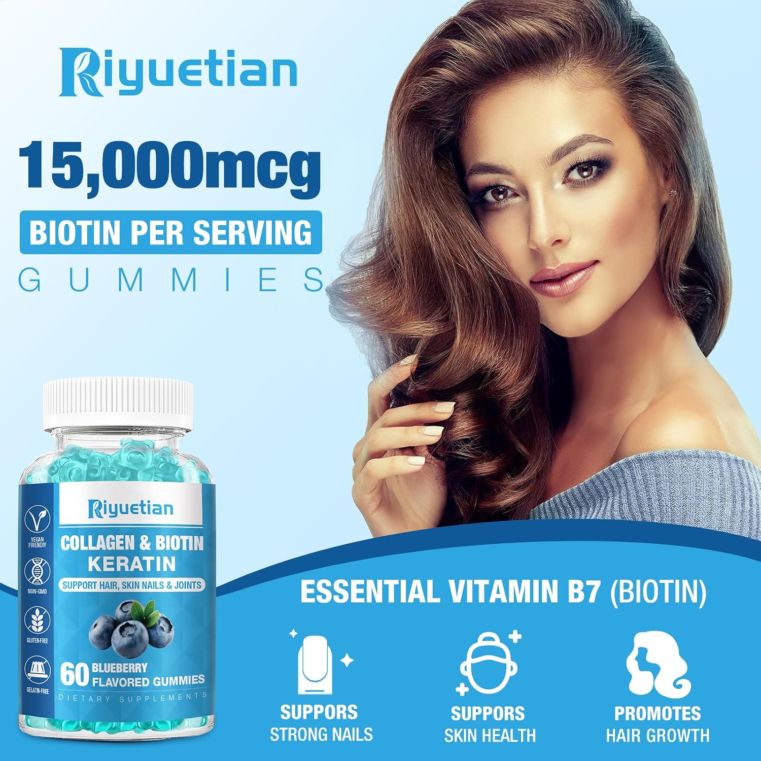Riyuetian Biotin Gummies 15000mcg with Collagen - Hair, Skin & Nails Support - Vegan, Non-GMO - 60 Gummies - görsel 3