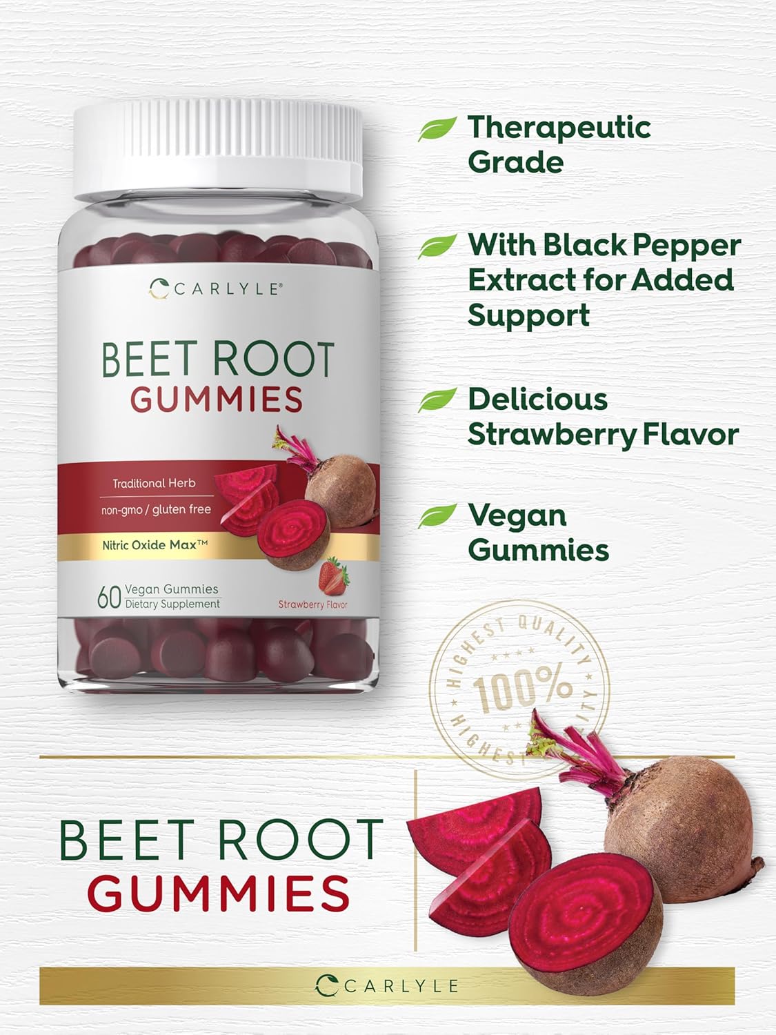Carlyle Beet Root Gummies - 60 Count with Vitamin C & Black Pepper, Strawberry Flavour, Vegan & Non-GMO - görsel 4