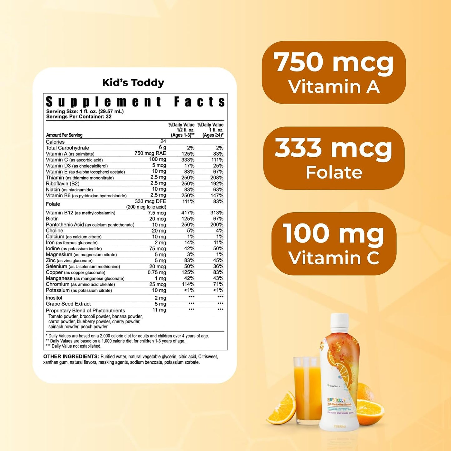 Youngevity Kid's Toddy™ - Mega Multivitamin for Children Age 2+ - 14 Vitamins, 10 Minerals, Phytonutrient Blend - Highly Absorbable - Delicious Orange Flavour - Pack of 2 (946 ml each) - görsel 3
