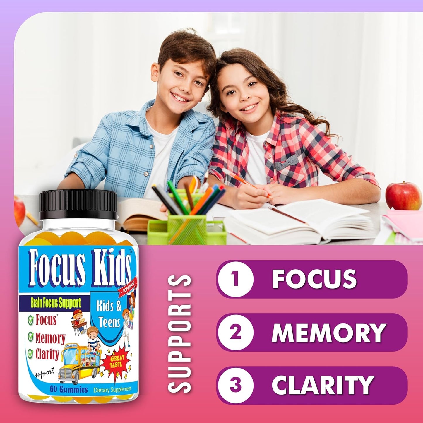 Focus Kids Gummies - Attention, Memory & Concentration Food Supplement with DHA & Omega-3-6-9 (60 Gummies) - görsel 2