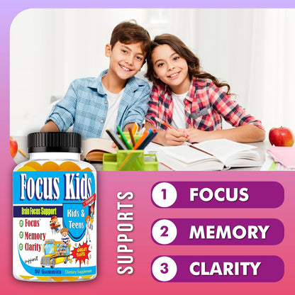 Focus Kids Gummies - Attention, Memory & Concentration Food Supplement with DHA & Omega-3-6-9 (60 Gummies)
