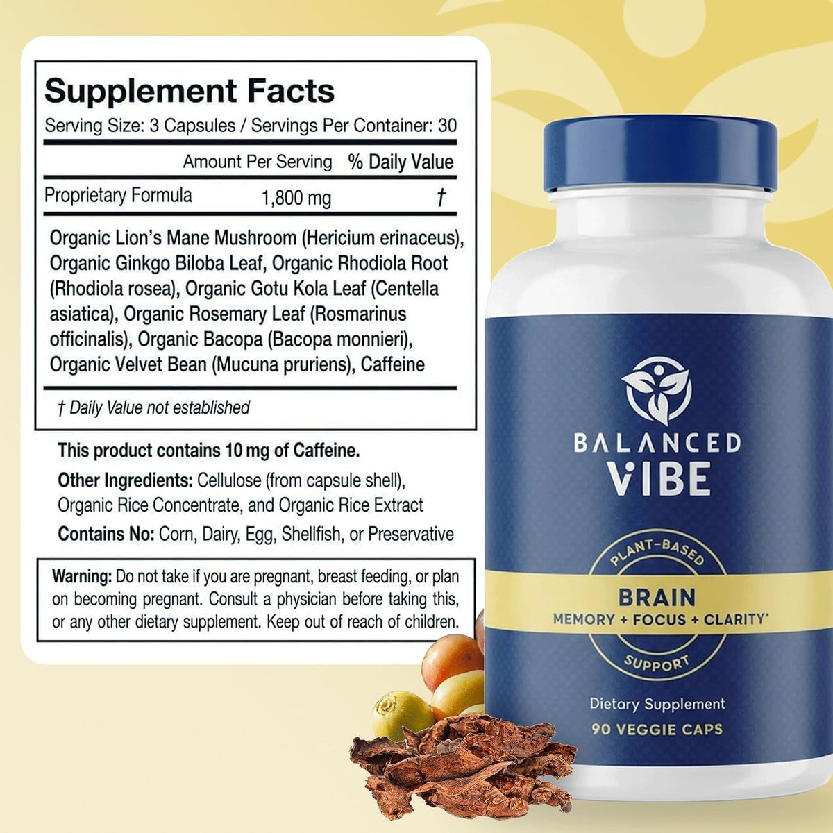 Balanced Vibe Brain Supplement 8 in 1 with Lion's Mane, Bacopa, Rhodiola, Ginkgo – Non-Stimulant, Organic, Vegan, GMP Certified, 90 Capsules - görsel 4