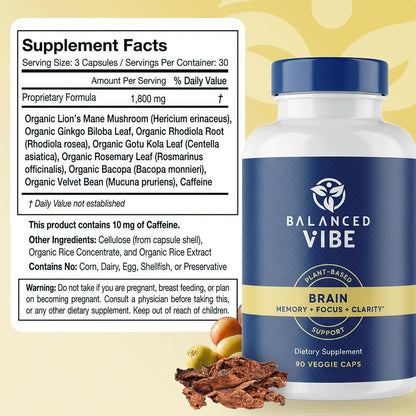 Balanced Vibe Brain Supplement 8 in 1 with Lion's Mane, Bacopa, Rhodiola, Ginkgo – Non-Stimulant, Organic, Vegan, GMP Certified, 90 Capsules