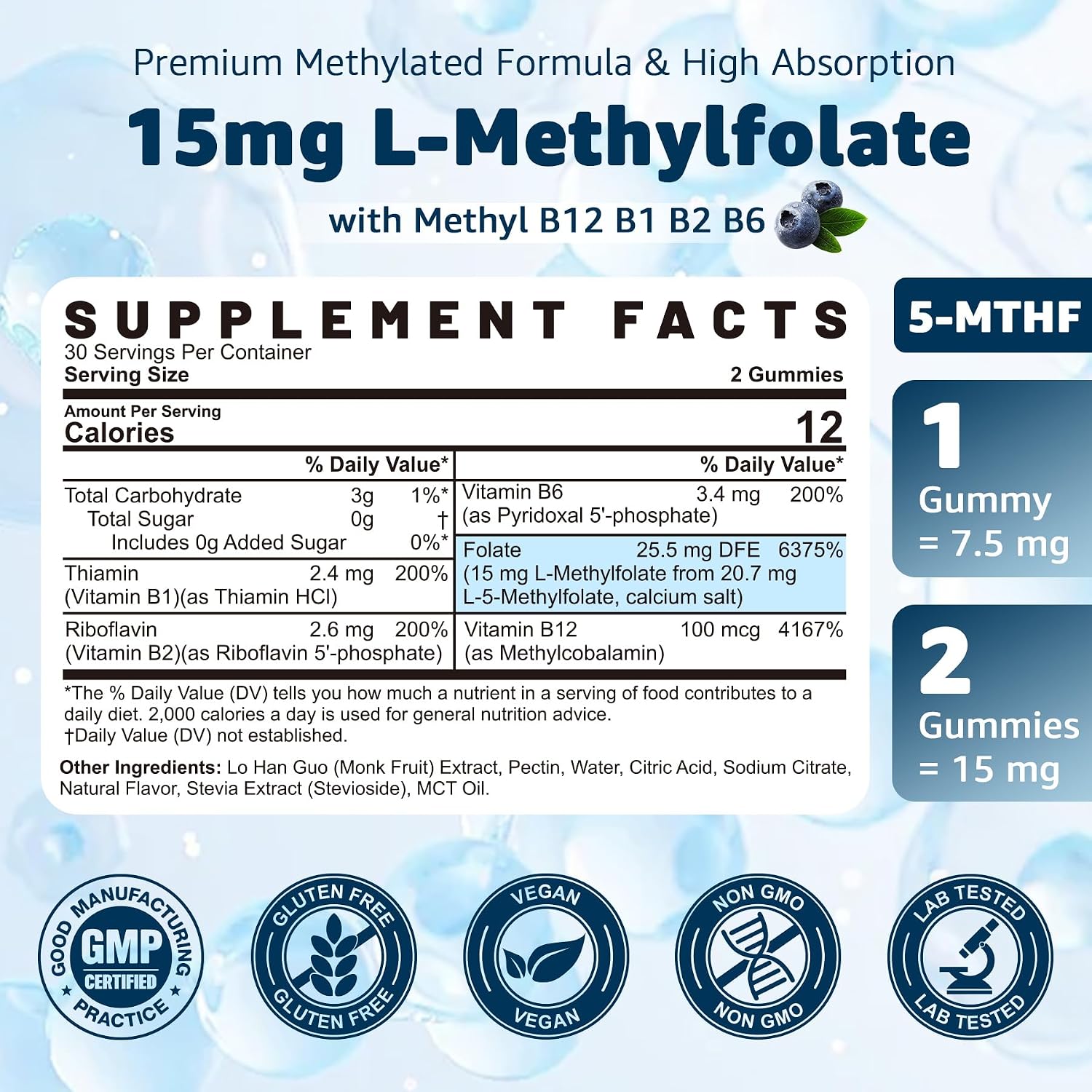 L-MethylFolate 15mg & Methyl B12 Gummies, Methylated B Complex - Active 5-MTHF, Vegan, 60 Count - görsel 2