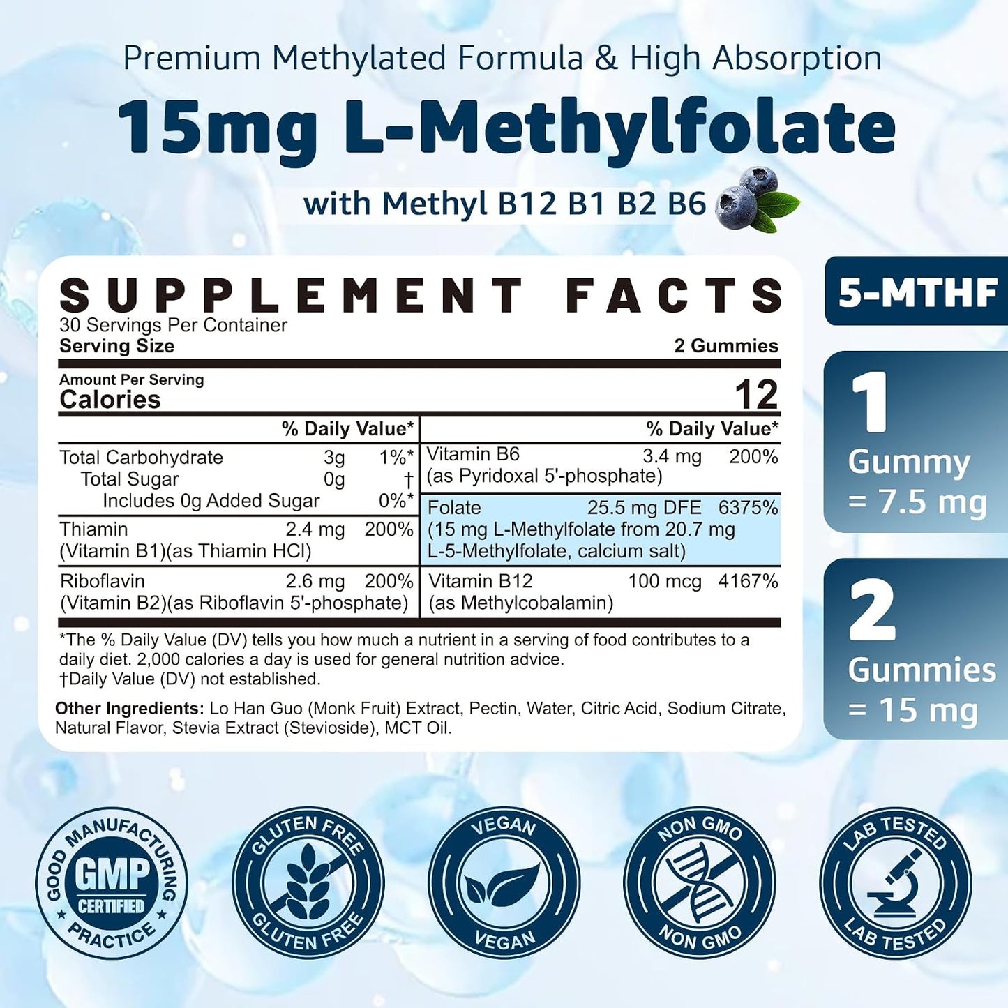 L-MethylFolate 15mg & Methyl B12 Gummies - Methylated B1, B2, B6 Multivitamins - Active 5-MTHF - Supports MTHFR & Homocysteine Levels - Vegan, 120 Count - görsel 2