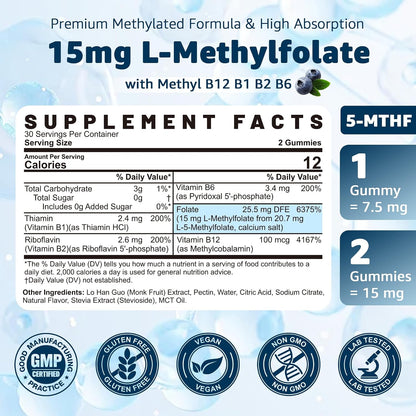 L-MethylFolate 15mg & Methyl B12 Gummies - Methylated B1, B2, B6 Multivitamins - Active 5-MTHF - Supports MTHFR & Homocysteine Levels - Vegan, 120 Count