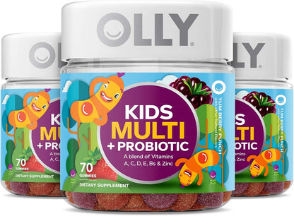 OLLY Kids Multivitamin + Probiotic Gummy, Vitamins A, C, D, E, B, Zinc, Probiotics, Chewable Supplement, Berry Flavour, 70 Count (3 Pack)