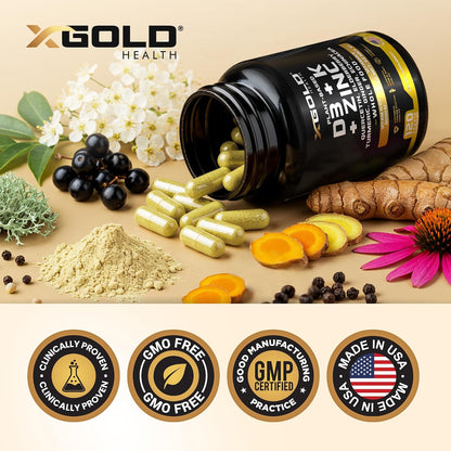 X Gold Health 8-in-1 Vitamin D3 and K2 Complex with Zinc, Quercetin and Elderberry - 120 Capsules
