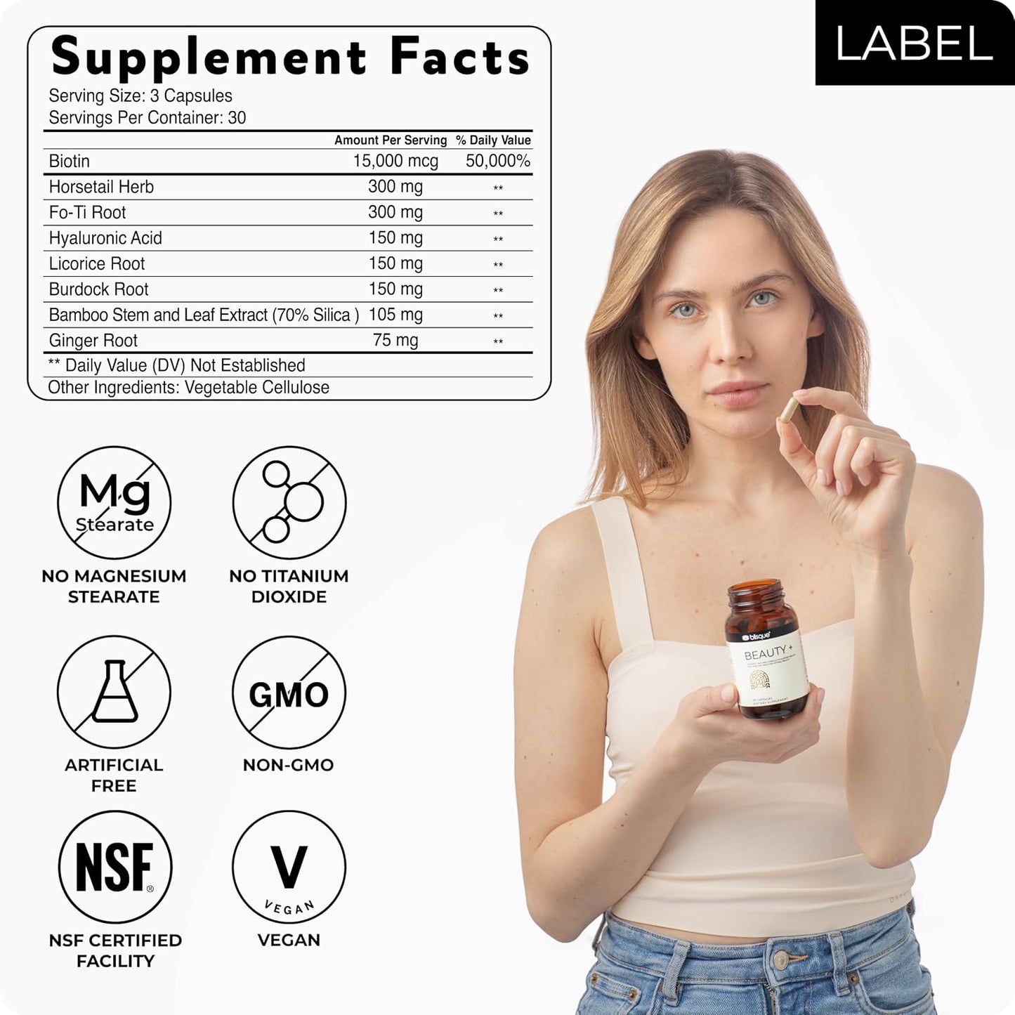 Blisque Beauty+ Natural Beauty Food Supplement – Hair, Skin & Nails Support with Biotin & Hyaluronic Acid – 90 Capsules - görsel 6