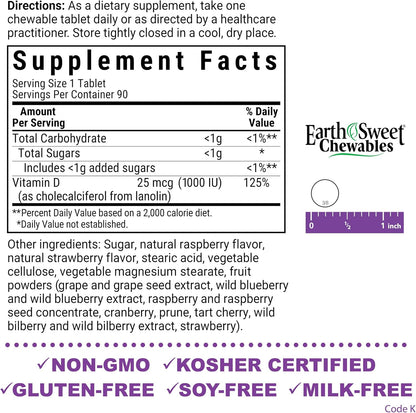 Bluebonnet Nutrition EarthSweet Vitamin D3 1000IU Chewable Tablets - Raspberry Flavour - 90 Count