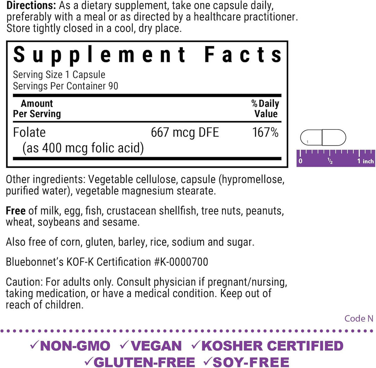 Bluebonnet Nutrition Folic Acid 400 mcg - 90 Vegetable Capsules - görsel 2