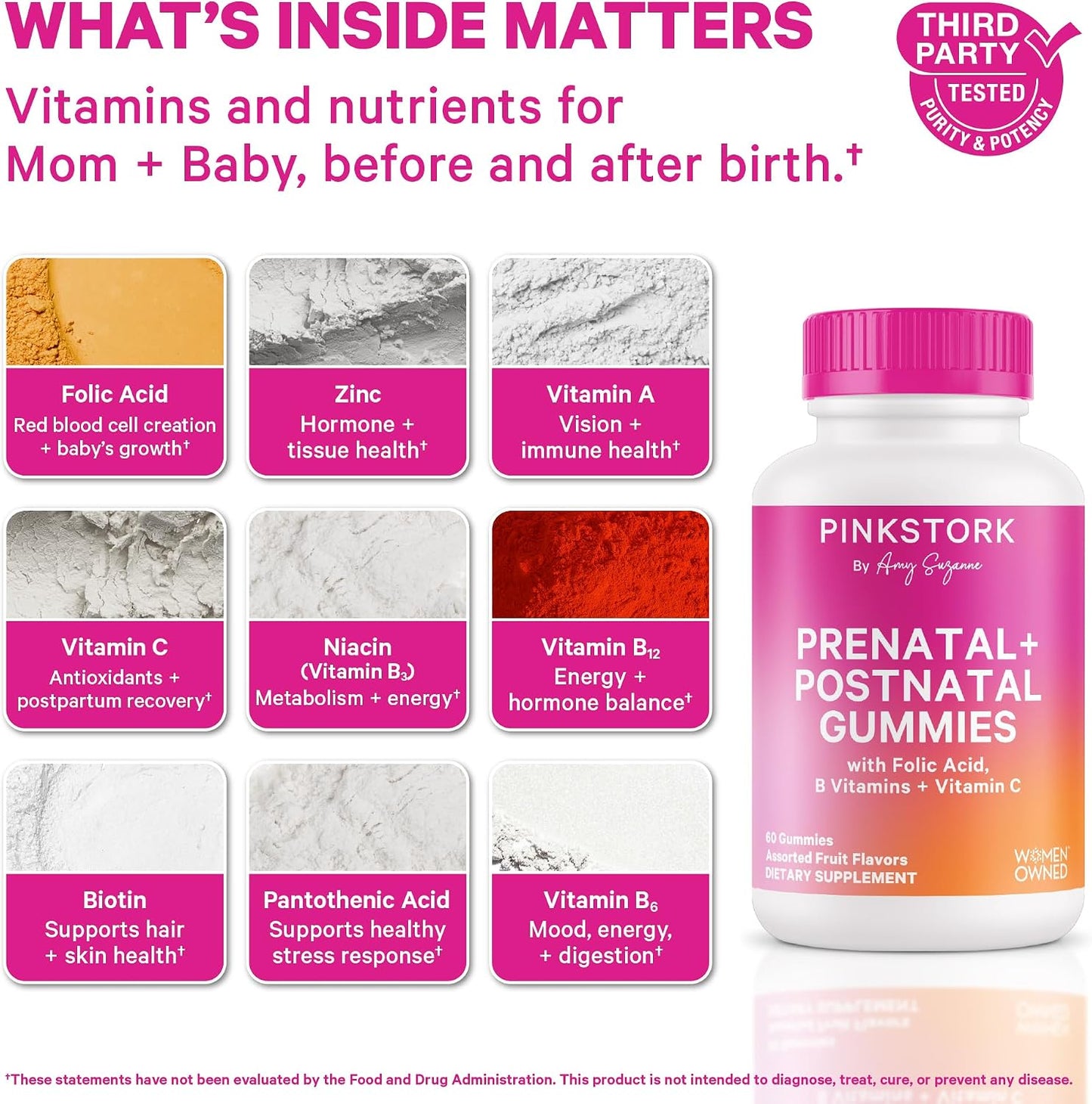 Pink Stork Fertility, Prenatal & Postnatal Gummy Vitamins, 60 Gummies | Full Motherhood Journey Support with Folate, B Vitamins, Zinc & Biotin, Postnatal Essentials, Assorted Fruit Flavours - görsel 2