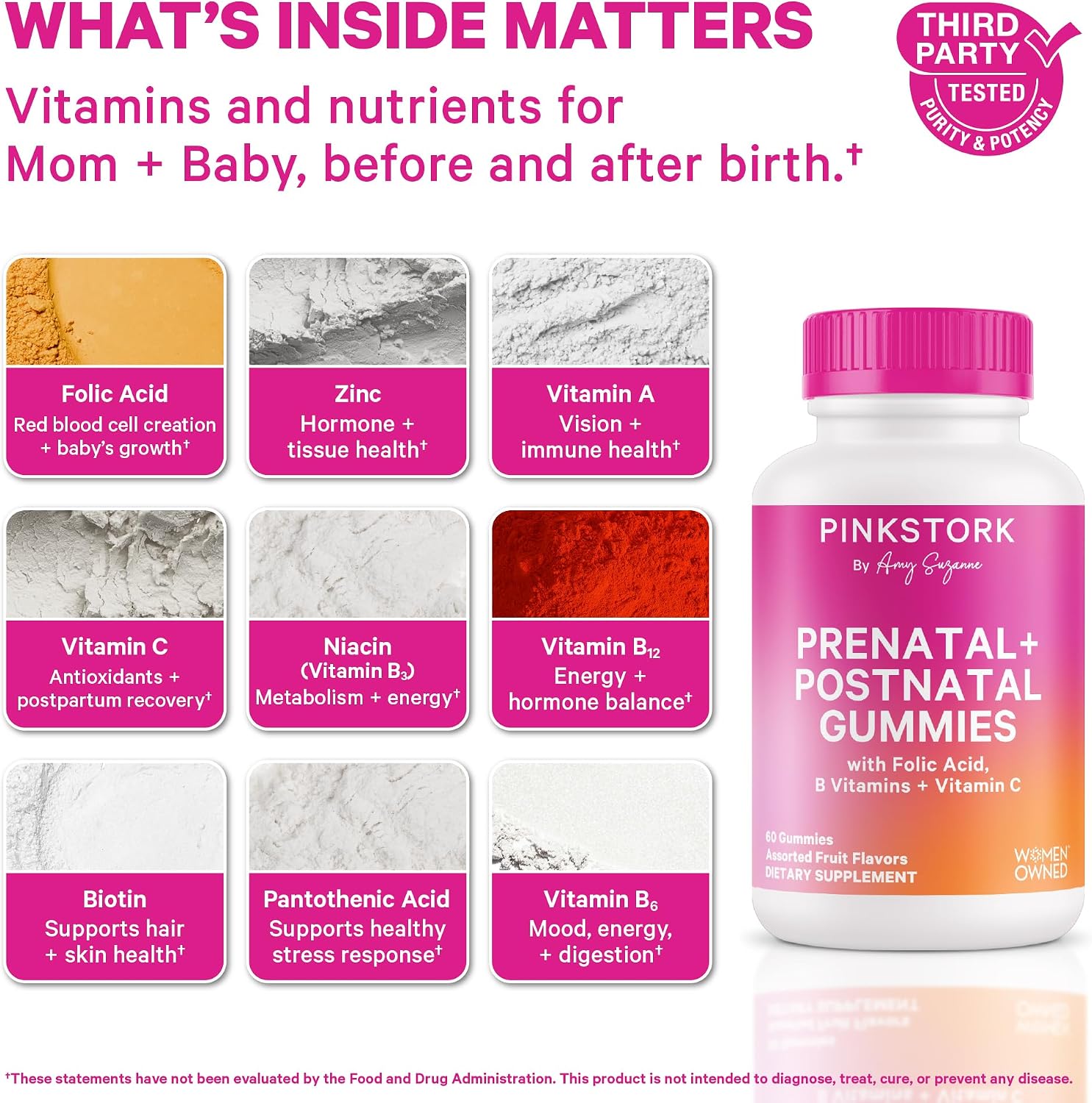 Pink Stork Fertility, Prenatal & Postnatal Gummy Vitamins, 60 Gummies | Full Motherhood Journey Support with Folate, B Vitamins, Zinc & Biotin, Postnatal Essentials, Assorted Fruit Flavours - görsel 2