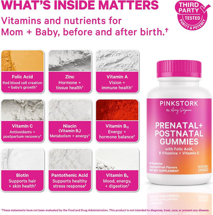Pink Stork Fertility, Prenatal & Postnatal Gummy Vitamins, 60 Gummies | Full Motherhood Journey Support with Folate, B Vitamins, Zinc & Biotin, Postnatal Essentials, Assorted Fruit Flavours